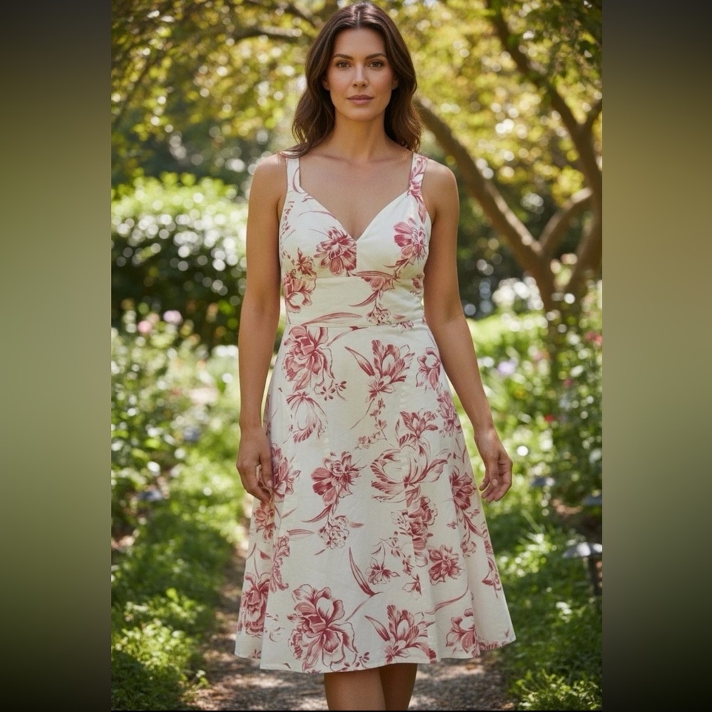 Willi Smith Floral Cotton Fit & Flare Dress Cream Red Size 10